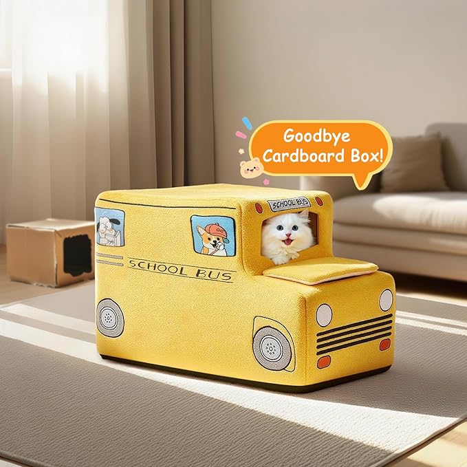 Cute Cat Beds Kitten Beds, Soft Small Dog Beds, Washable Pet Beds for Puppy and Kitty, Funny School Bus Cat Cave, 23 Inches-PawvioPets