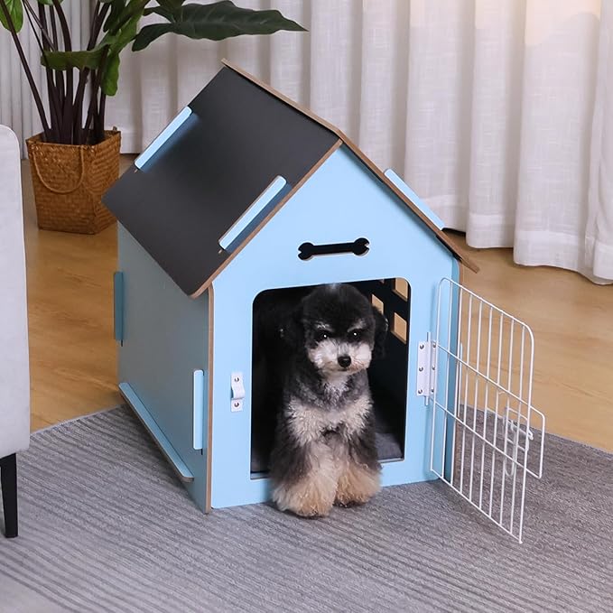 Dog House Indoor for Small Dogs or Cats, Cozy Wooden Design, Small Indoor Bed House, with Air Vents and Elevated Floor Warm Dog Cave (Large Blue)-PawvioPets