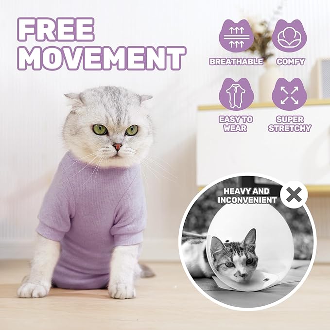 Breathable Cat Recovery Suit for Female/Male, Anti-Licking Kitten Onesie - Cat Surgery Pajamas with Sleeve After Spay, Prevent Shedding, Abdominal Wounds, Skin Diseases or E-Collar Alternative-PawvioPets