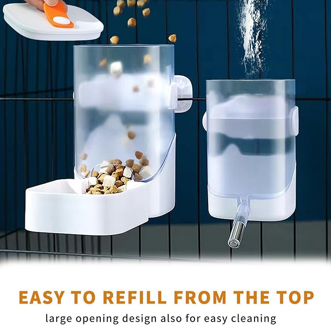 34oz Automatic Rabbit Feeder for Cages, Hanging Auto Bunny Food Bowl Dispenser Small Aniaml Cage Accessories for Ferret Guinea Pig Rat Rabbit Cat Puppy (White)-PawvioPets