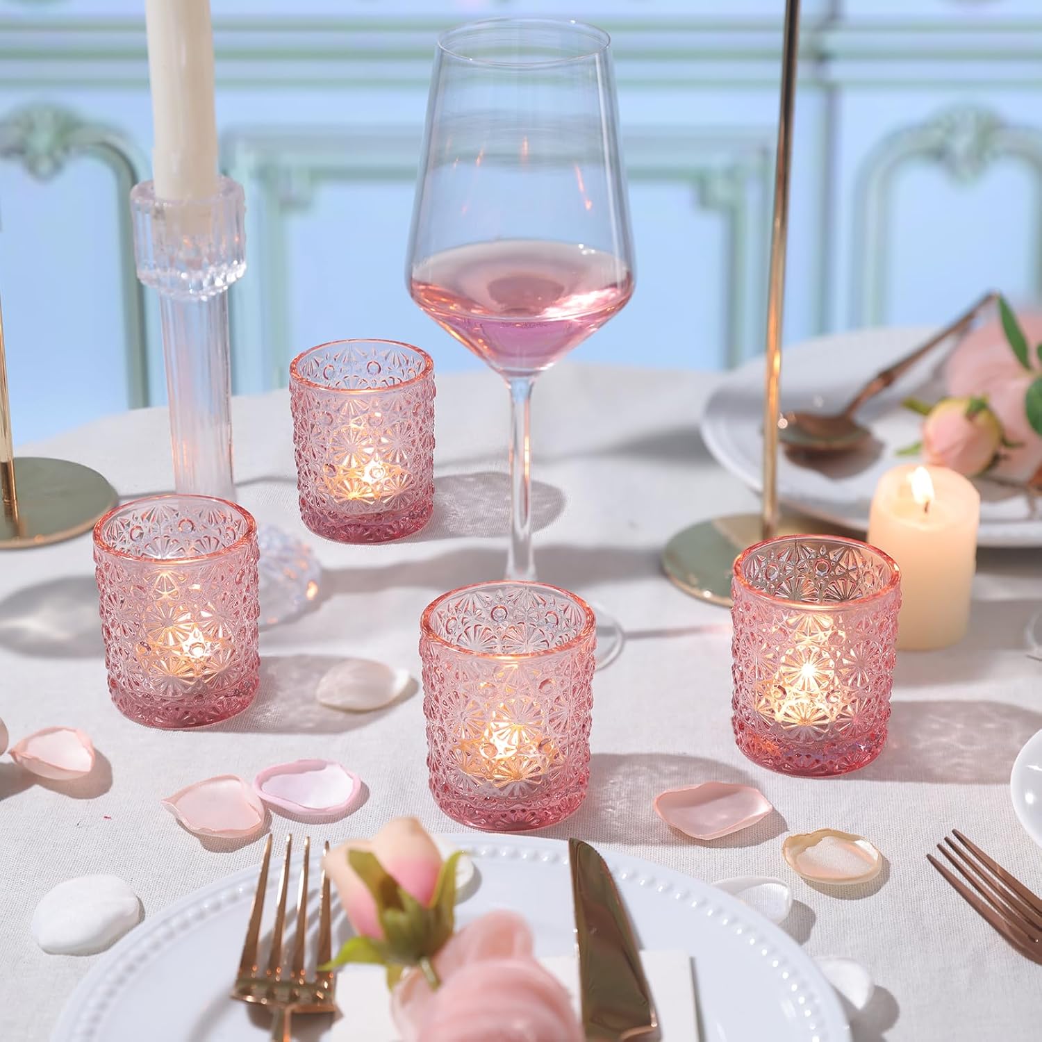 Pink Votive Candle Holder Set of 36, Flower Tea Lights Candles Holders for Wedding Table Centerpieces, Birthday Parties, Anniversary, Pink Bridal Shower and Holiday Decorations