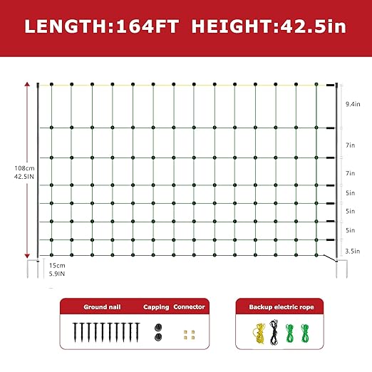 Electric Fence Netting, 164'L x 42.5" H Electric Fence Kit for Livestock, Goat, 14 Posts Double Spiked Portable Electric Poultry Farm Fence-PawvioPets