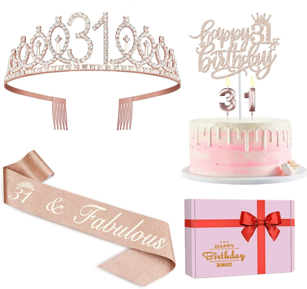 31 Birthday Decorations for Women Including Birthday Sash, Crown/Tiara, Numeral Candles and Cake Topper, 31 Year Old Gifts for Women, Rose Gold Party Decor Supplies