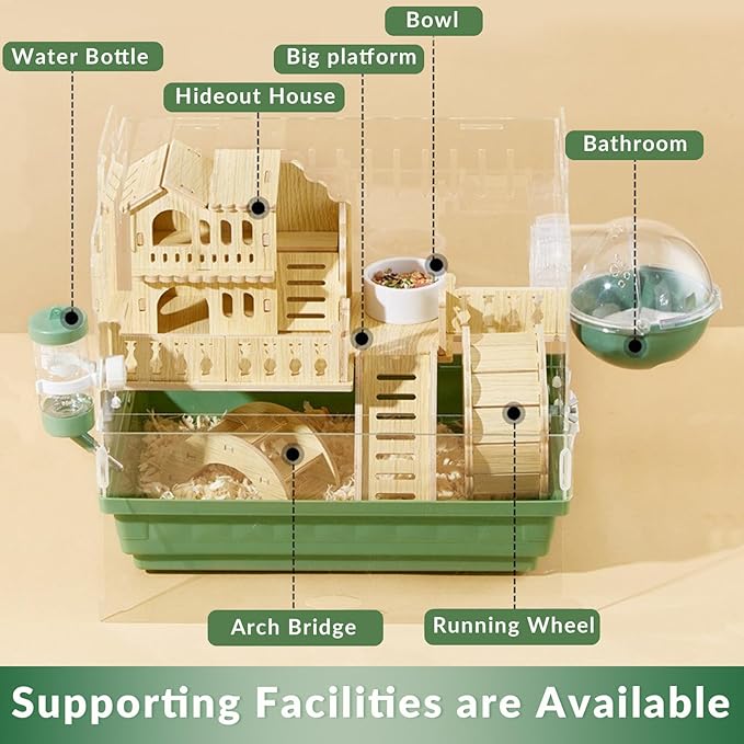 Cycodo 8 in 1 Acrylic Hamster Cage,2-Tier Dwarf Hamster Cage with Wooden Wheel & Hideout,Small Hamster Habitat with Accessories,Clear Pet Mice House(Green,14" L*10" W*11" H)-PawvioPets