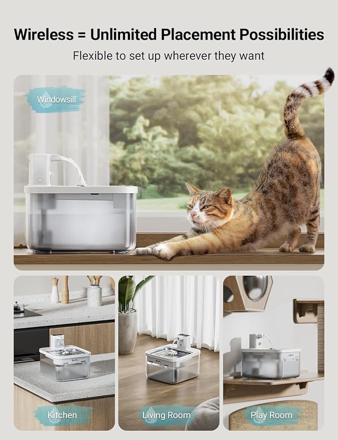 DownyPaws Battery Operated Cat Water Fountain Stainless Steel, 84oz/2.5L Fursink Wireless Pet Water Fountain for Cats Inside, Automatic Dog Water Dispenser with Faucet, Quiet Pump, BPA-Free, White-PawvioPets