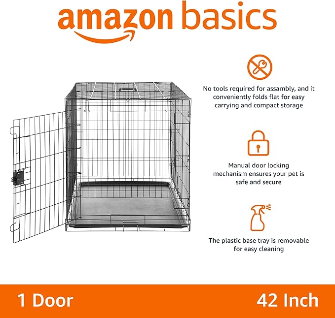 Amazon Basics Durable, Foldable Metal Wire Dog Crate with Tray, Single Door, 42 x 28 x 30 in, Black-PawvioPets