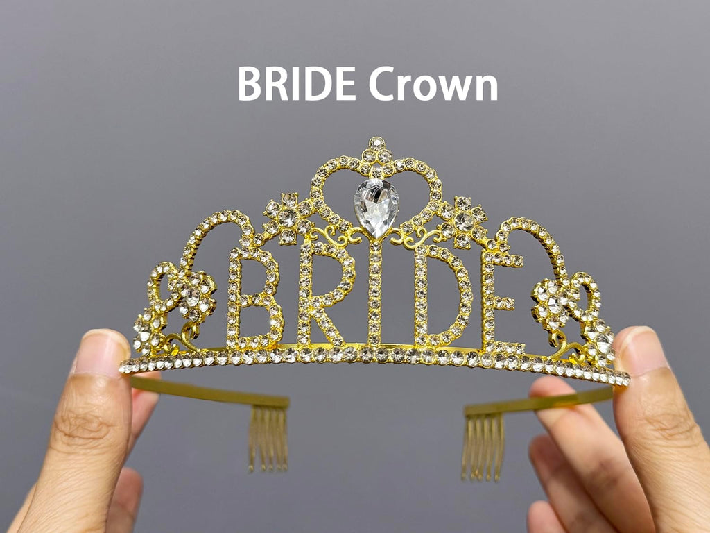 JETKONG 3 Pcs Bachelorette Party Decorations "BRIDE" Crown, Bride to Be Sash&Veil for Women Bachelorette Party Gifts, Bridal Shower Supplies, Gifts, Favors (Gold)