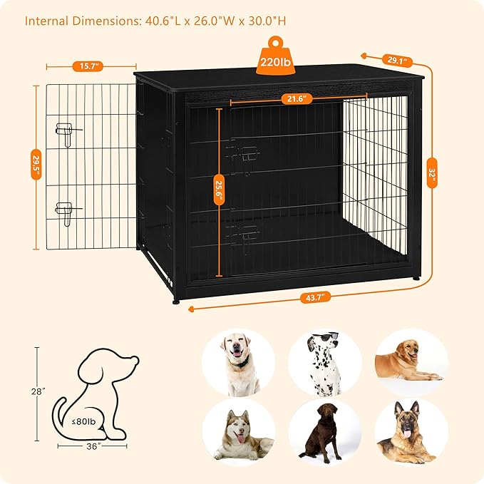 DWANTON Dog Crate Furniture with Cushion, Wooden Kennel Table with Double Doors, Indoor Dog House, Extra Large Size, 43.3" L, Black-PawvioPets