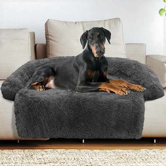 GGIB Calming Dog Bed Fluffy Plush Dog Mat for Furniture Protector with Removable Washable Cover for Large Medium Small Dogs and Cats (Extra Extra Large, Dark Grey)-PawvioPets