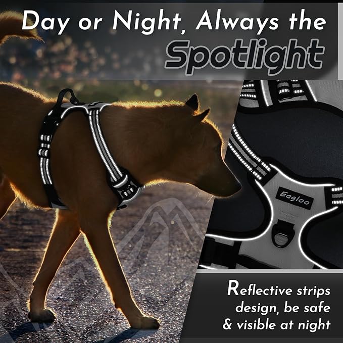 Eagloo Dog Harness Medium Sized Dog, No Pull Service Vest with Reflective Strips and Control Handle, Adjustable and Comfortable for Easy Walking, No Choke Pet Harness with 2 Metal Rings, Grey, M-PawvioPets