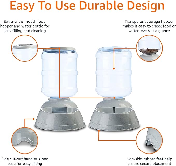Amazon Basics Automatic Dog Cat Water Dispenser Gravity Feeder and Waterer Set, Large, 12-Pound Food Capacity, 2.5-Gallon, Gray-PawvioPets