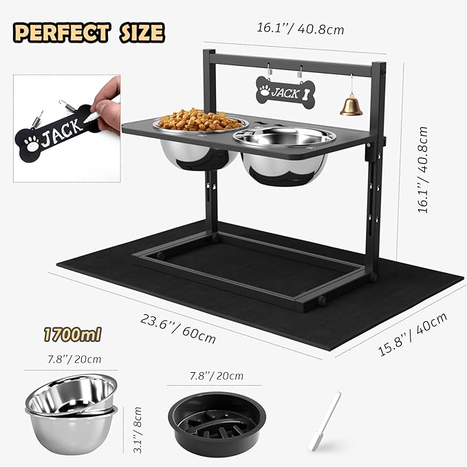 Elevated Dog Bowls with Slow Feeder and Spill Proof Mat, Adjustable Height 4.3-11.8'', Two 1.7L Stainless Steel Food & Water Bowls, Metal Raised Dog Bowl Stand, for Large Medium Breeds-PawvioPets