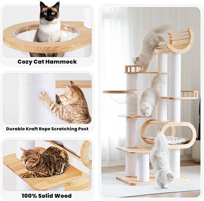 74.8" Modern Cat Tree for Indoor Cats, Tall Wood Cat Tower with Scratching Post, Heavy Duty Luxury Condo with Removable Mats, Multi-Level Cat Furniture for Cats-PawvioPets