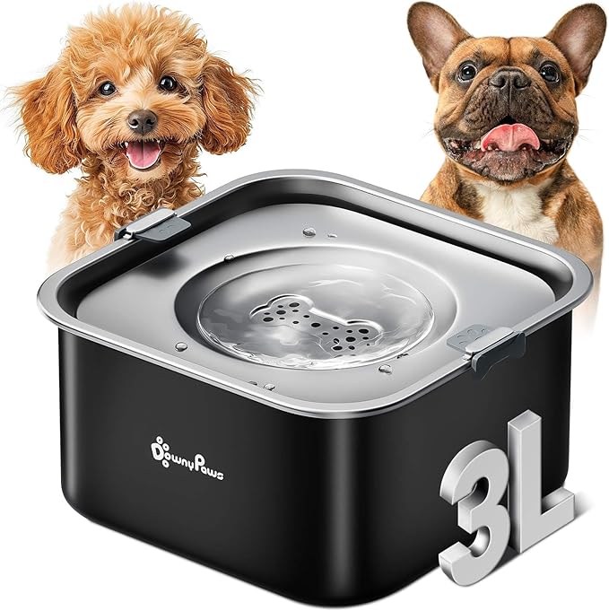 DownyPaws No Spill Water Bowl for Dogs,101oz/3L Slobber Stopper Stainless Steel, Slow Drinking Dog Water Bowl, No Mess Dog Water Dispenser Spill Proof, Dishwasher Safe, Black-PawvioPets