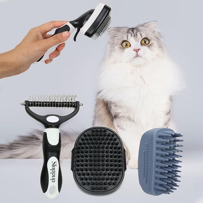 Dog Brush Kit for Grooming Short & Long Haired Dogs & Cats, 4-in-1 Pet Grooming Set with Self-Cleaning Slicker Brush, Deshedding Tool, Shampoo Bath Comb, Massge Comb (White Black)-PawvioPets