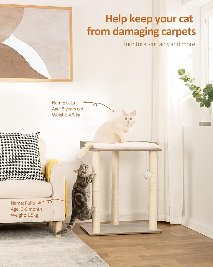 FourFurPets 26.7in Large Cat Tree Tower Condo, Cat Scratch Posts for Indoor Cats, Big Plate, Three 23.6in Full Sisal Scratching Posts, Greige-PawvioPets