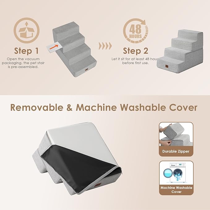 EHEYCIGA Dog Stairs for Bed 18" H, 4-Step Dog Steps for High Bed, Pet Steps for Small Dogs and Cats, Non-Slip Balanced Pet Ramp Indoor, Light Grey-PawvioPets