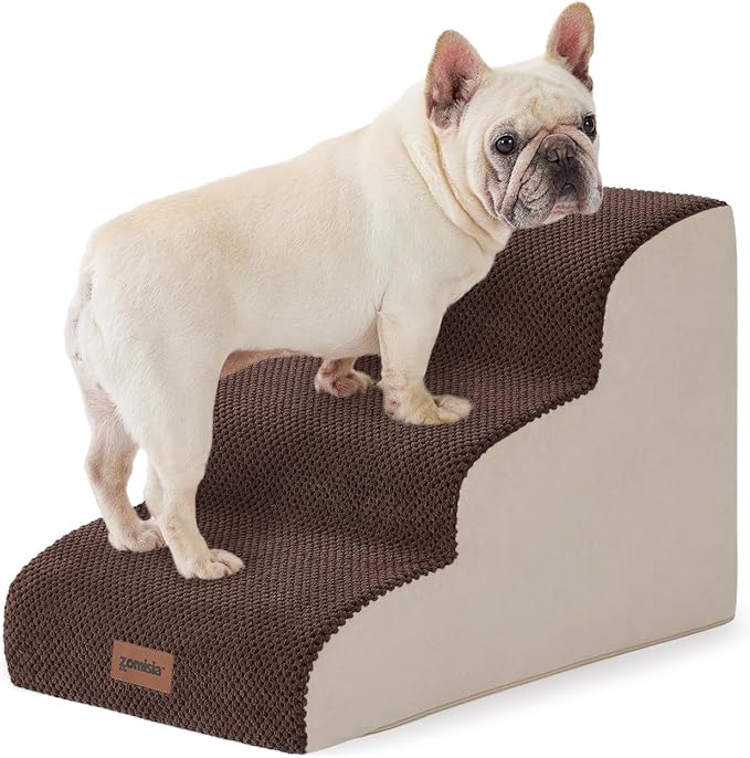 Dog Stairs for Small Dogs - Pet Stairs for Couch and Bed, 35D Foam Dog Steps Ramp with Non-Slip Bottom Brown, 3 Steps-PawvioPets