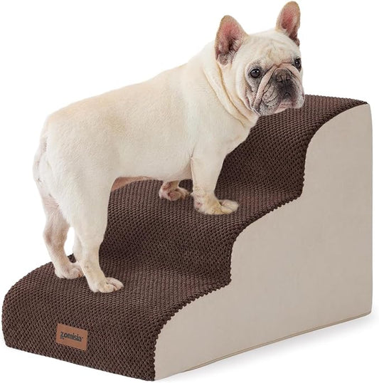 Dog Stairs for Small Dogs - Pet Stairs for Couch and Bed, 35D Foam Dog Steps Ramp with Non-Slip Bottom Brown, 3 Steps-PawvioPets