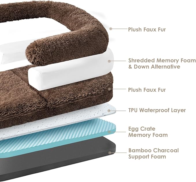 EHEYCIGA Foldable XL Dog Bed, Faux Fur Fluffy Pet Couch Bed for Large Dogs, Orthopedic Calming Memory Foam Big Pet Bed, Washable Soft Pet Sofa Bed with Non-Slip Bottom, Brown, 46"x34"x6.5"-PawvioPets