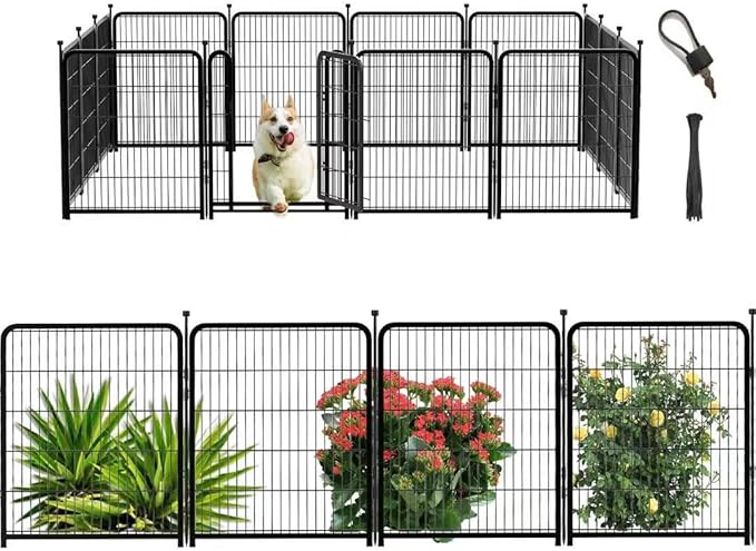 56 in(H) Decorative Garden Fence Panels, Wide Door Low Threshold, Dog Fence Outdoor for Yard. 10 Panels Total 22.1 Ft(L)，No Dig Fencing for Dogs, Black-PawvioPets
