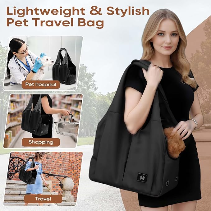 Dog Purse Carrier for Small Dogs, Cats, and Puppies – Soft-Sided Travel Pet Tote Bag with 4 Large Pockets, Foldable, Lightweight, Fits Pets up to 15 lbs, for Travel, Outings (Black)-PawvioPets