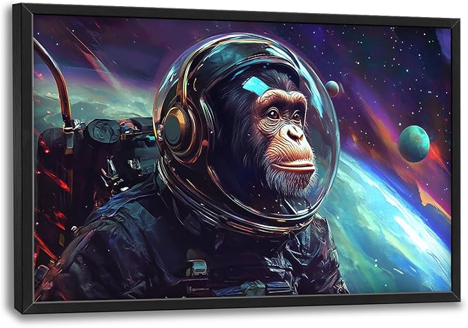 Framed Large Monkey Astronaut Wall Art, Oversized Chimpanzee Spacemen Wall Decor for Living Room, Outer Space Canvas Painting Pictures Modern Artwork for Living Room Bedroom Office 36"x24"-PawvioPets