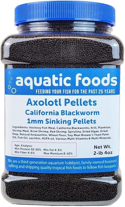 Aquatic Foods Inc. Axolotl Blackworm Pellets. 1mm-1/32 Sinking California Blackworm Micro Pellets for Baby Axolotl, Frogs, Shrimp, Salamanders, Newts, Snails…2-lbs 4oz Jar-PawvioPets