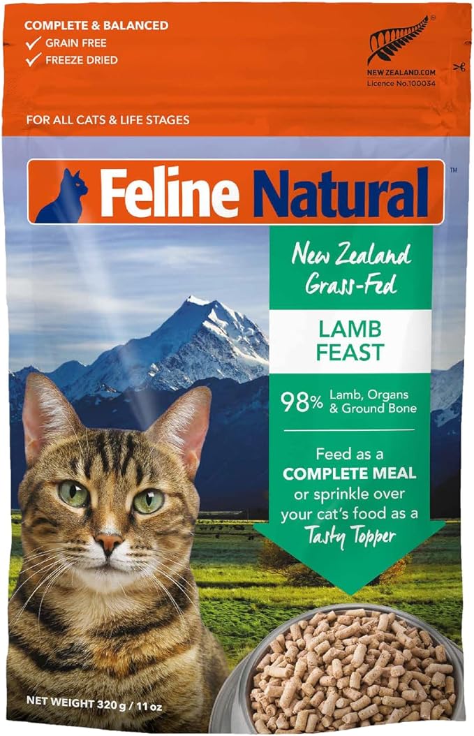 Feline Natural High Protein Dry Cat Food, Freeze-Dried Diet with 98% Meat, Organs & Seafood, No Peas, Grains, or Artificial Additives, Made in New Zealand, Lamb, 11oz-PawvioPets
