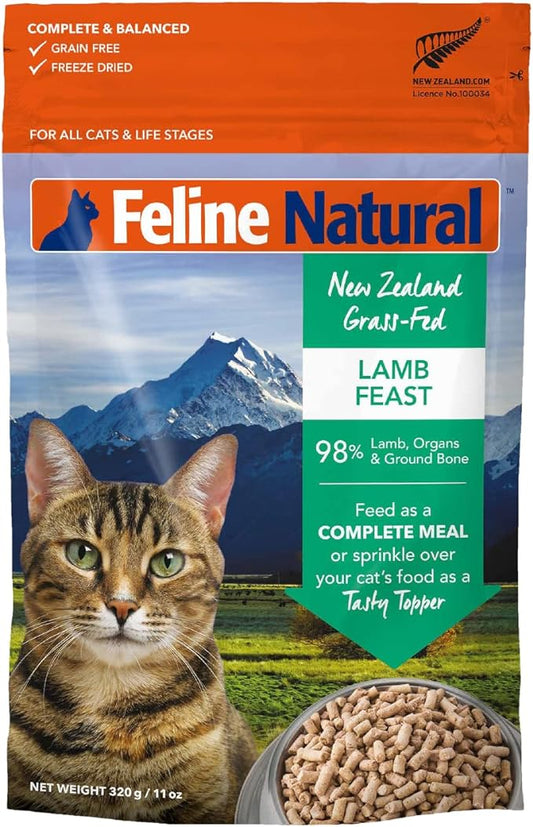 Feline Natural High Protein Dry Cat Food, Freeze-Dried Diet with 98% Meat, Organs & Seafood, No Peas, Grains, or Artificial Additives, Made in New Zealand, Lamb, 11oz-PawvioPets