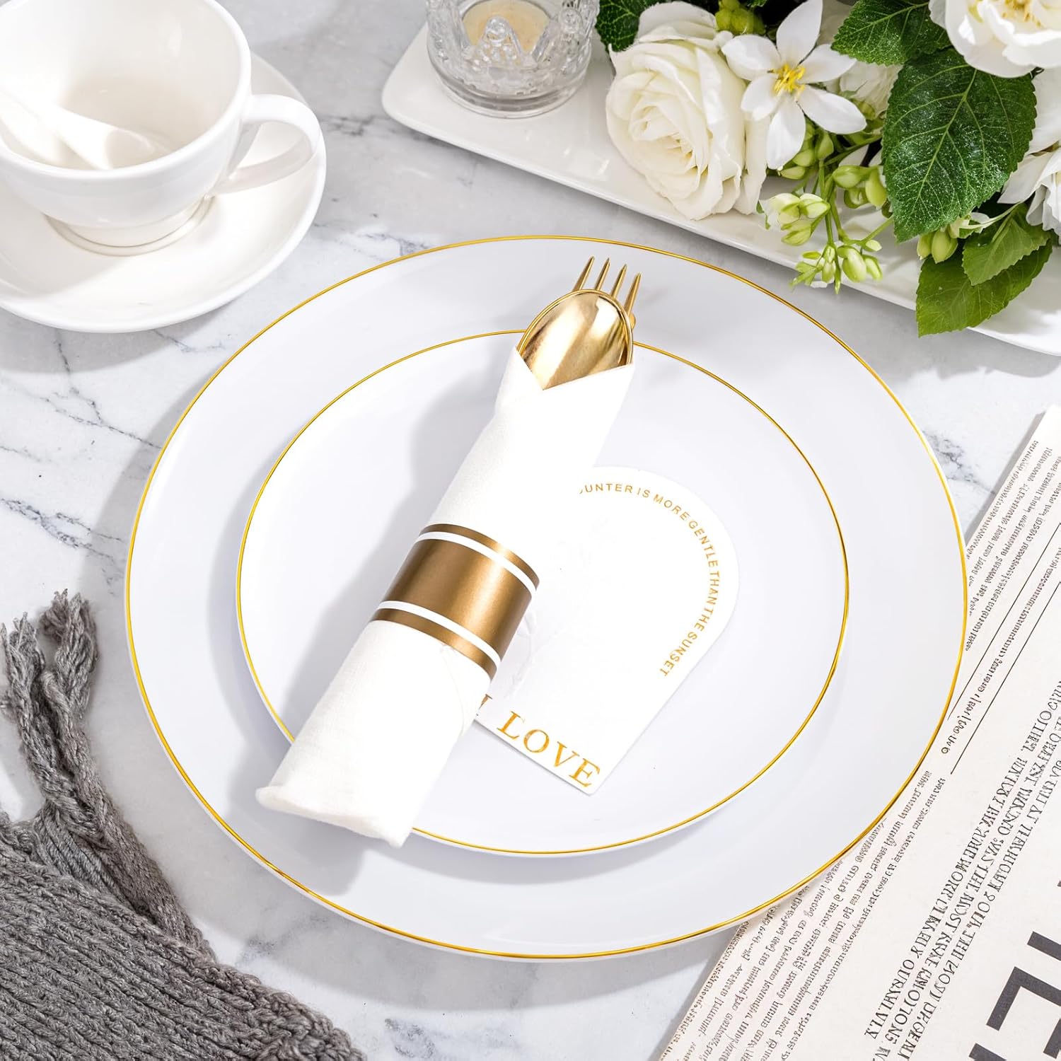 KIRE 175PCS Gold Plates Disposable - Heavy Duty White and Gold Plastic Plates Dinnerware Sets - 25 for Dinner 25 for Dessert 25 Pre Rolled Napkins and 25 Cups for Birthday/Thanksgiving Party/Wedding