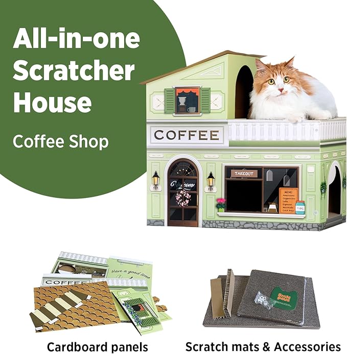 Cat Beds for Indoor Cats, Cardboard Cat House with Scratchers, Coffee Shop, Large Sturdy Cat Furniture Condo Cave Tent, Easy to Assemble Pet Toys Accessories Stuffs, Bunny Small Animals-PawvioPets