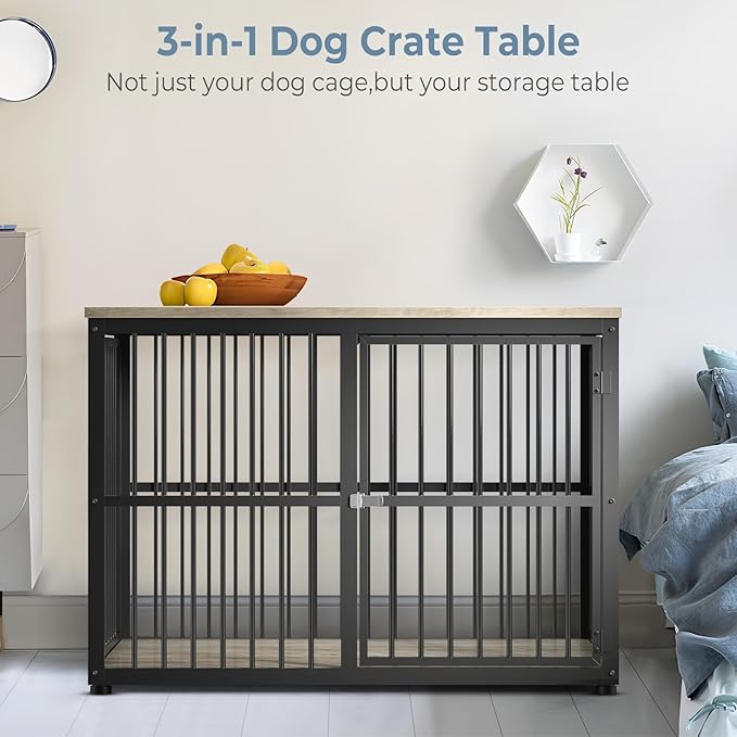 43'' Dog Crate Furniture with 3 Doors, XL Wooden Crate End Table, Heavy Duty Indoor Puppy Cage Kennel for Medium to Large Dogs, Multiple Units Can be Combined-PawvioPets