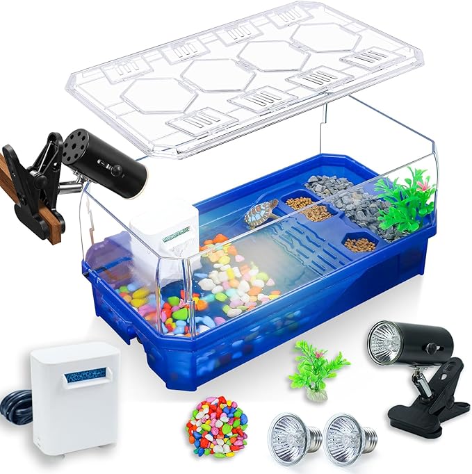 Aquatic Turtle Tank Habitat Kit Stone+Filter+Heat Lamp Enhancing Interaction with 360° Viewing, Standalone Filtration, DIY Creative Zone, Enriched Living (Blue, Medium[with Light])-PawvioPets