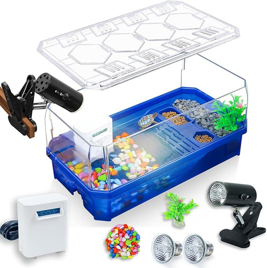 Aquatic Turtle Tank Habitat Kit Stone+Filter+Heat Lamp Enhancing Interaction with 360° Viewing, Standalone Filtration, DIY Creative Zone, Enriched Living (Blue, Medium[with Light])-PawvioPets