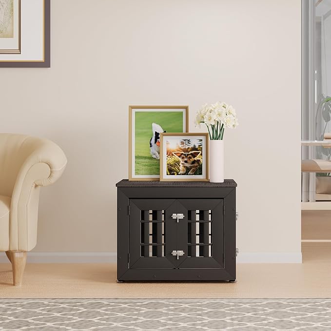 26" Heavy Duty Dog Crate Furniture for Small,Medium and Large Dogs,Rustic Wooden Dog Cage Kennel Indoor Furniture with Waterproof Top,Decorative Pet House Side End Table (Black & Grey)-PawvioPets