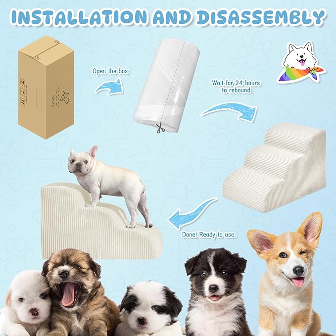 Dog Steps for Small Dogs, 3-Step Pet Ramp Stairs for High Beds and Sofa, Non-Slip Pet Stairs for Small Dogs and Cats, Removable and Easy to Clean Cover, Beige-PawvioPets