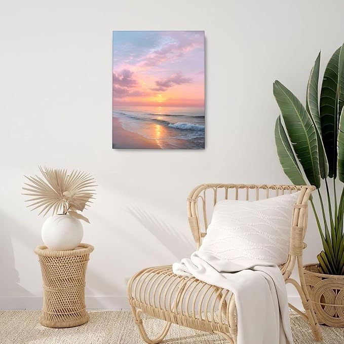 Beach Sunset Wall Art Ocean Coastal Scenery Wall Decor Seascape Picture Canvas Landscape Painting Print Framed Artwork Decorations for Living Room Office Bedroom Kitchen 16"x20"-PawvioPets