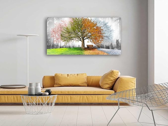 Canvas Prints Wall Art Decor Large Four Seasons Tree Picture 1 Panel Spring Summer Autumn Winter Tree Painting Artwork for Dining Room Kitchen Home Decor Stretched and Framed Ready to Hang-PawvioPets