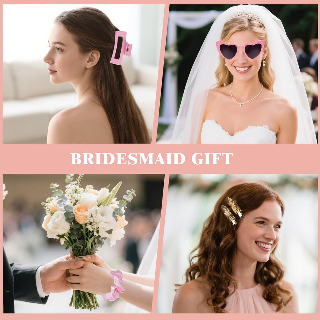 Pink Bridesmaid Gift Set for Proposal, 8PCS Hair Claw, Scrunchies, Makeup Clips & Heart Sunglasses – Bachelorette Party Favors, Bridal Shower & Teen Birthday Gifts
