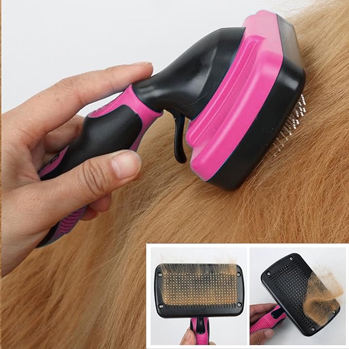 Dog Brush Kit for Grooming Short & Long Haired Dogs & Cats, 4-in-1 Pet Grooming Set with Self-Cleaning Slicker Brush, Deshedding Tool, Shampoo Bath Comb, Massge Comb (Pink Black)-PawvioPets
