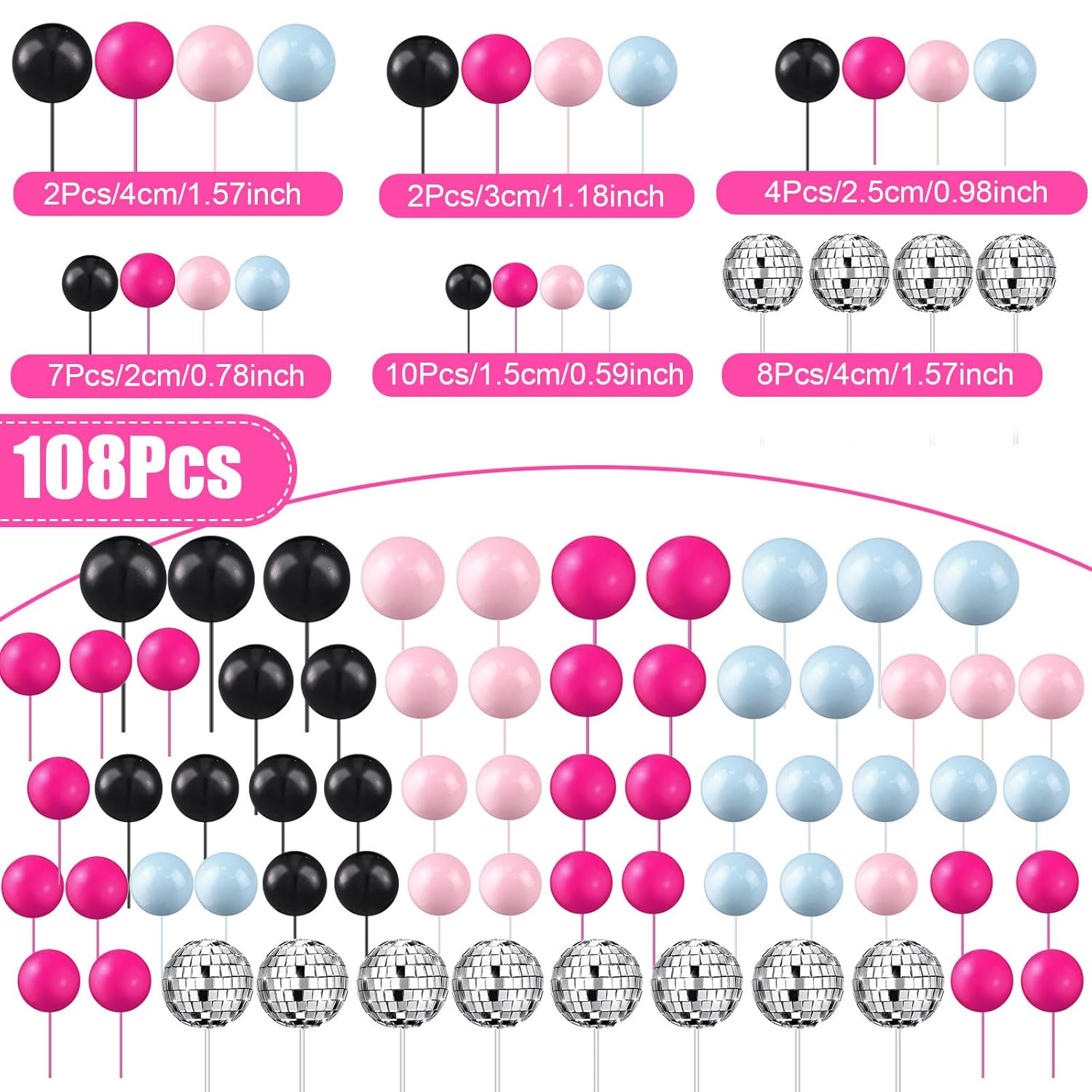 108 Pcs Balls Cake Topper DIY Cupcake Insert Foam Balloons for Cake Baking Wedding Anniversary Birthday Decoration(Graceful Colors,Multi Sizes)