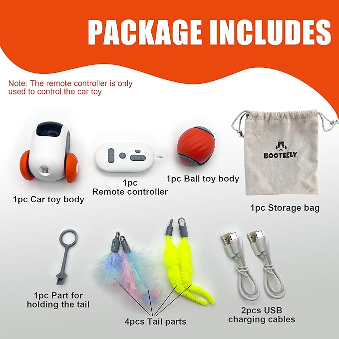 1pc Interactive Automatic Remote Control Cat Mice Car Toy and 1pc Smart Electric Moving Speedy Cat Ball Toy with Feather Tail, Suitable for Dogs, Keep Busy, Stimulating, Rechargeable (orange)-PawvioPets