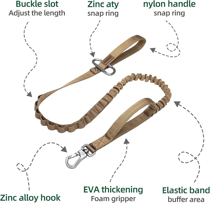 EXCELLENT ELITE SPANKER Tactical Bungee Dog Leash Military Adjustable Dog Leash Quick Release Elastic Leads Rope with 2 Control Handle(Coyote Brown)-PawvioPets