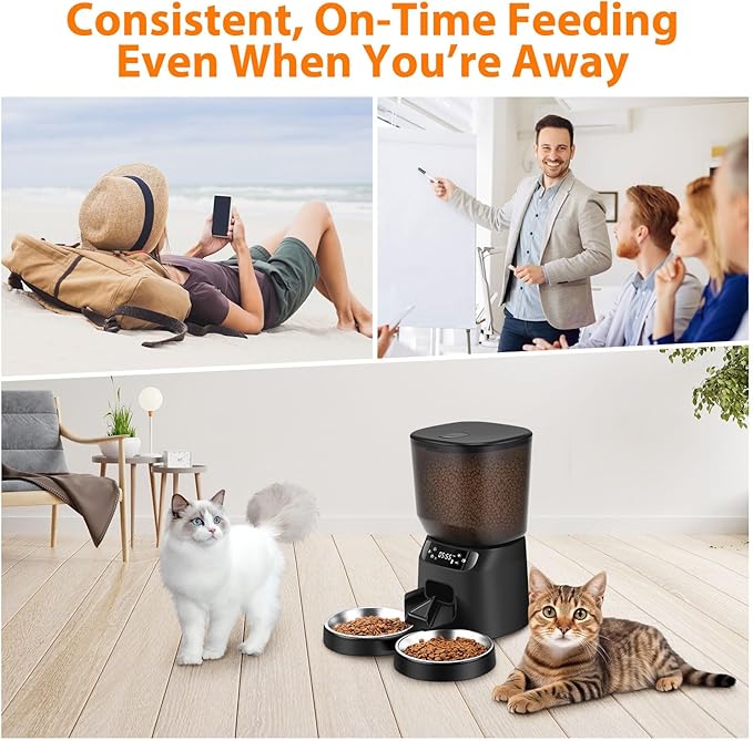 Automatic Cat Feeders for Two Cats, 5L/20 Cups Double Automatic Cat Food Dispenser with 2 Stainless Bowls, Timer Setting 20 Portions 6 Meals Per Day, 10s Meal Call, Pet Feeder for Dog (Black)-PawvioPets