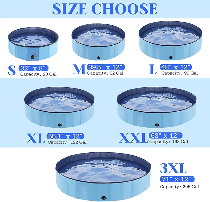 Foldable Dog Bath Swimming Pool Plastic Kiddie Pool Professional Tub Collapsible Grooming Bathtub for Pets Kids Baby and Toddler, 87 x 12 Inches Blue-PawvioPets