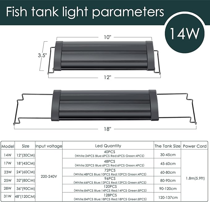 AQQA Aquarium Light,Full Spectrum LED Fish Tank Lights,12"-54" Adjustable Multi-Color White Blue Red Green LEDs with Extendable Brackets,14W-31W for Freshwater Plants (14W (12"-18"))-PawvioPets