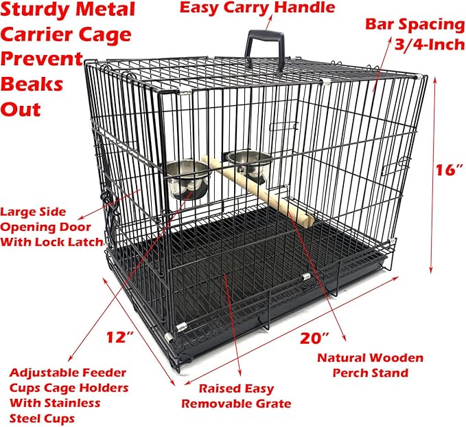 Durable Easy Portable Collapsible Metal Travel or Veterinary Collapsable Parrot Bird Carrier Beaks-Proof Easy Clean Carrier Cage with Stainless Steel Feeder Bowls Natural Wooden Perch-PawvioPets