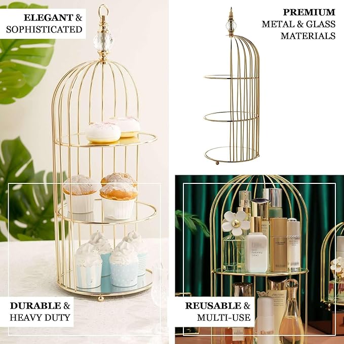 Efavormart 22" - 3 Tier Crystal Mirror Top Gold Metal Bird Cage Cupcake Cake Stand, Dessert Display for Wedding, Party, Birthday, Baby Shower Celebrations, Home Decorations-PawvioPets