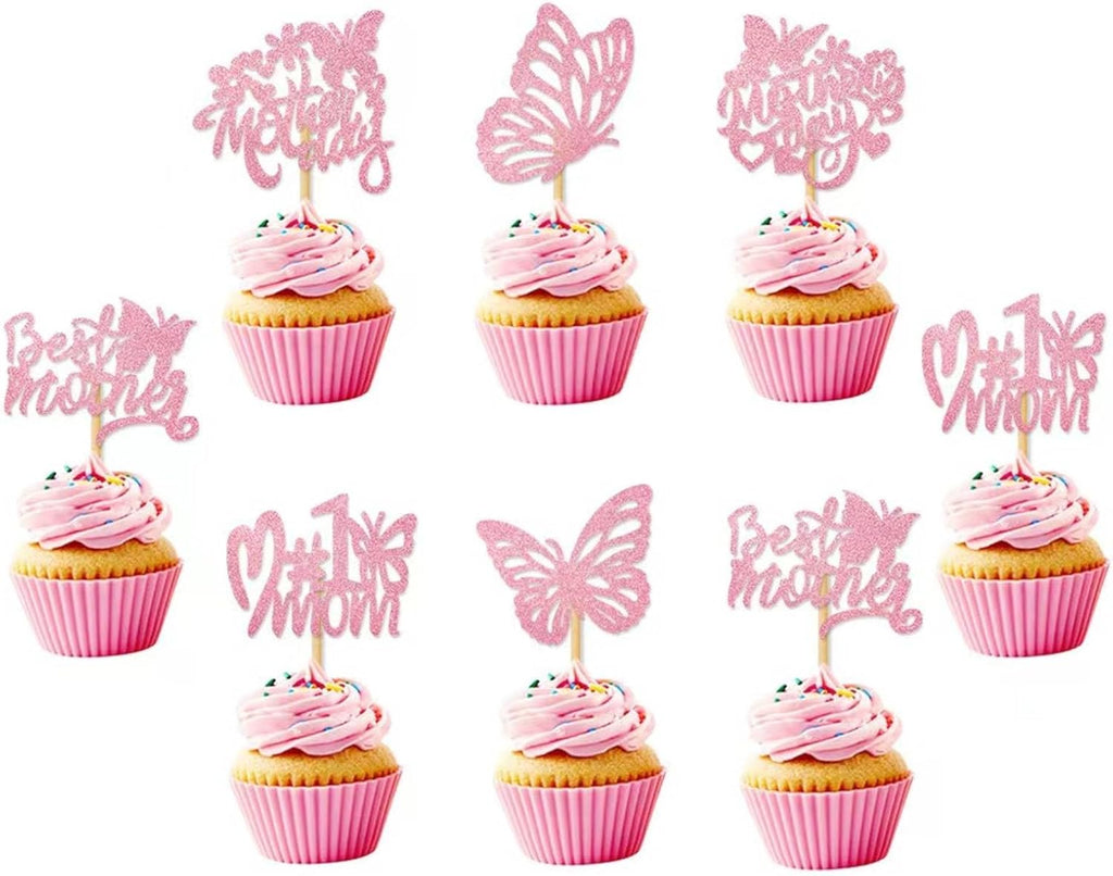12Pcs Birthday Cupcake Toppers,Pink Glitter Cake Toppers Butterfly Cupcake Picks for Coquette Theme Party Decoration Engagement Wedding Baby Shower Party Cupcake Decor